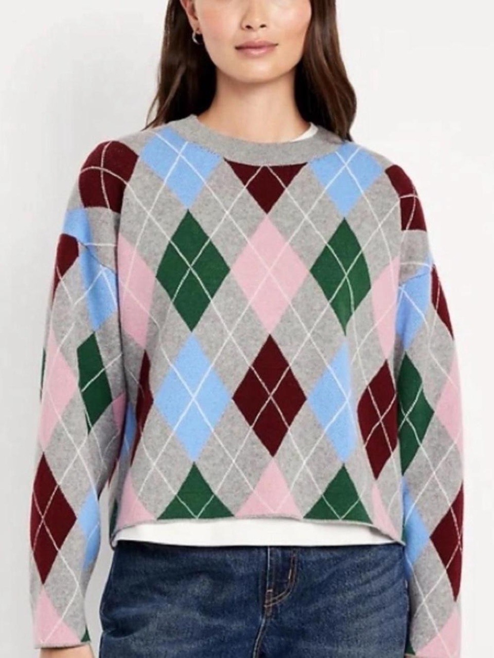 NWT Old Navy SoSoft Cropped Argyle Oversized Cozy Academia Preppy Sweater Sz M